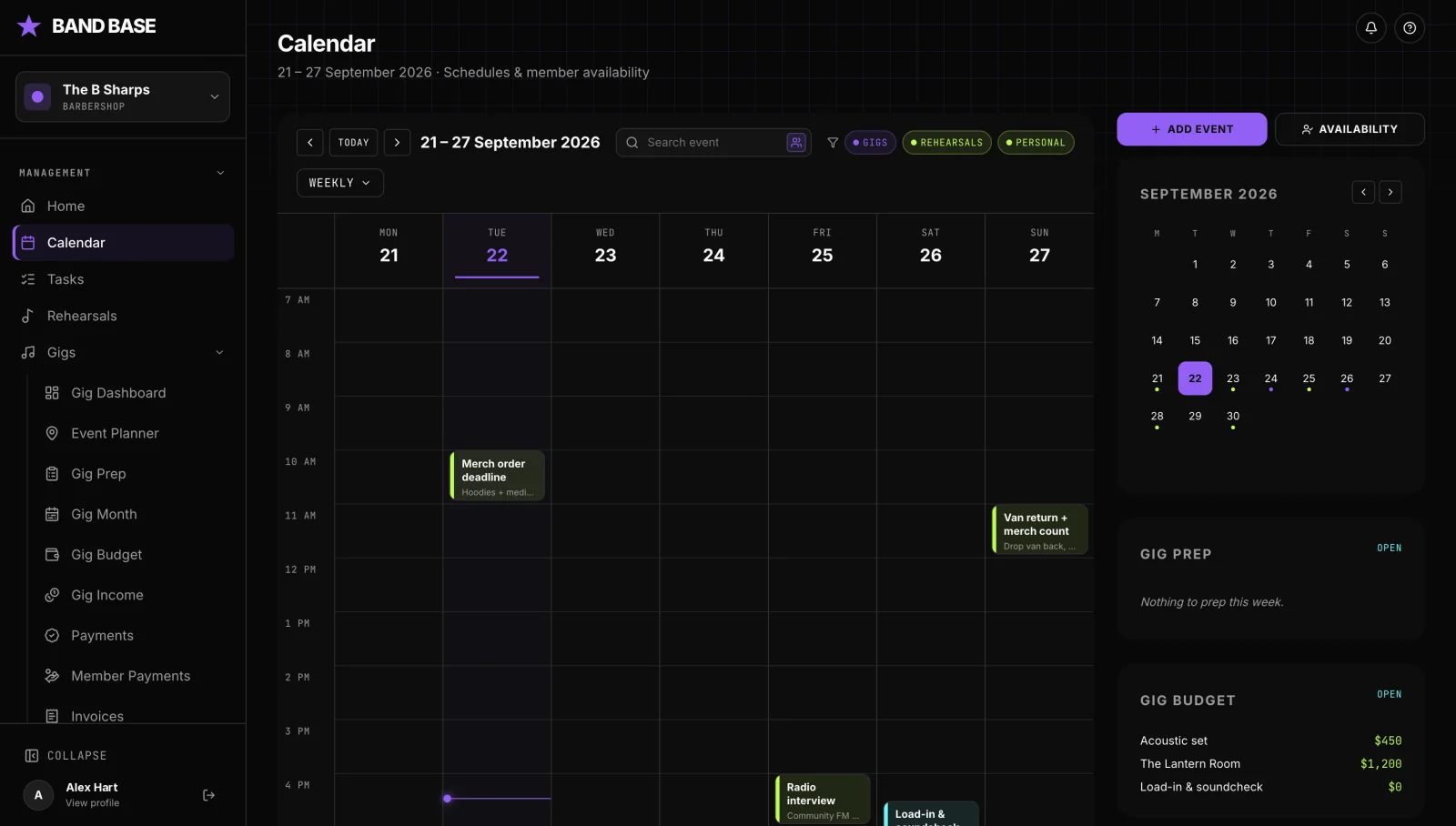 Band Base calendar showing a weekly band schedule with gigs, rehearsals and availability