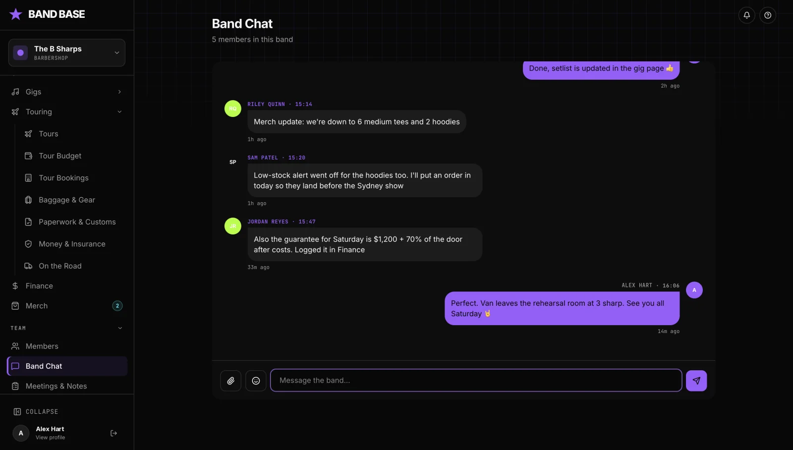 Band Base chat showing the band coordinating merch stock, guarantees and Saturday load-in