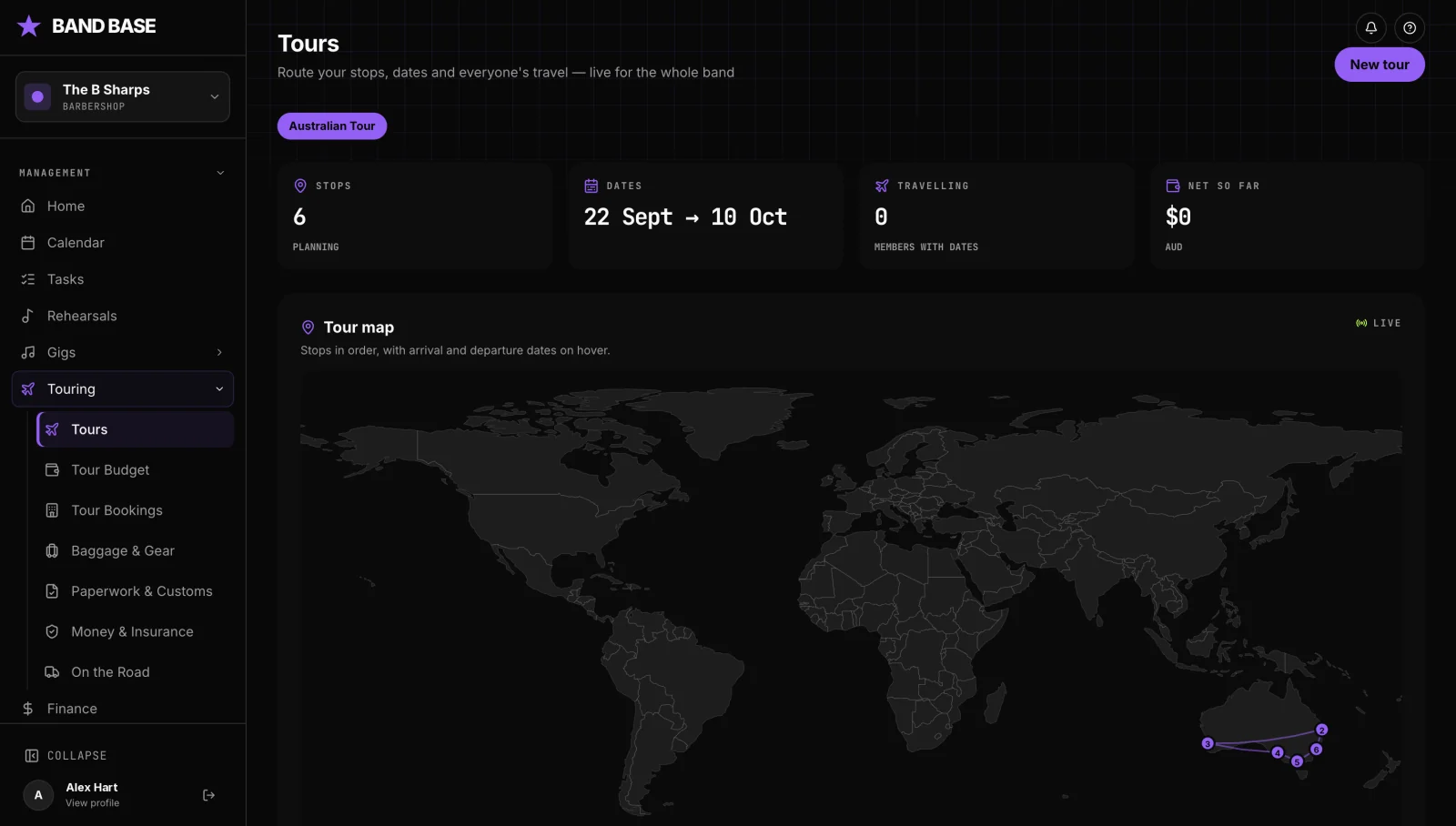 Band Base tour planner showing a six-stop Australian tour on a map